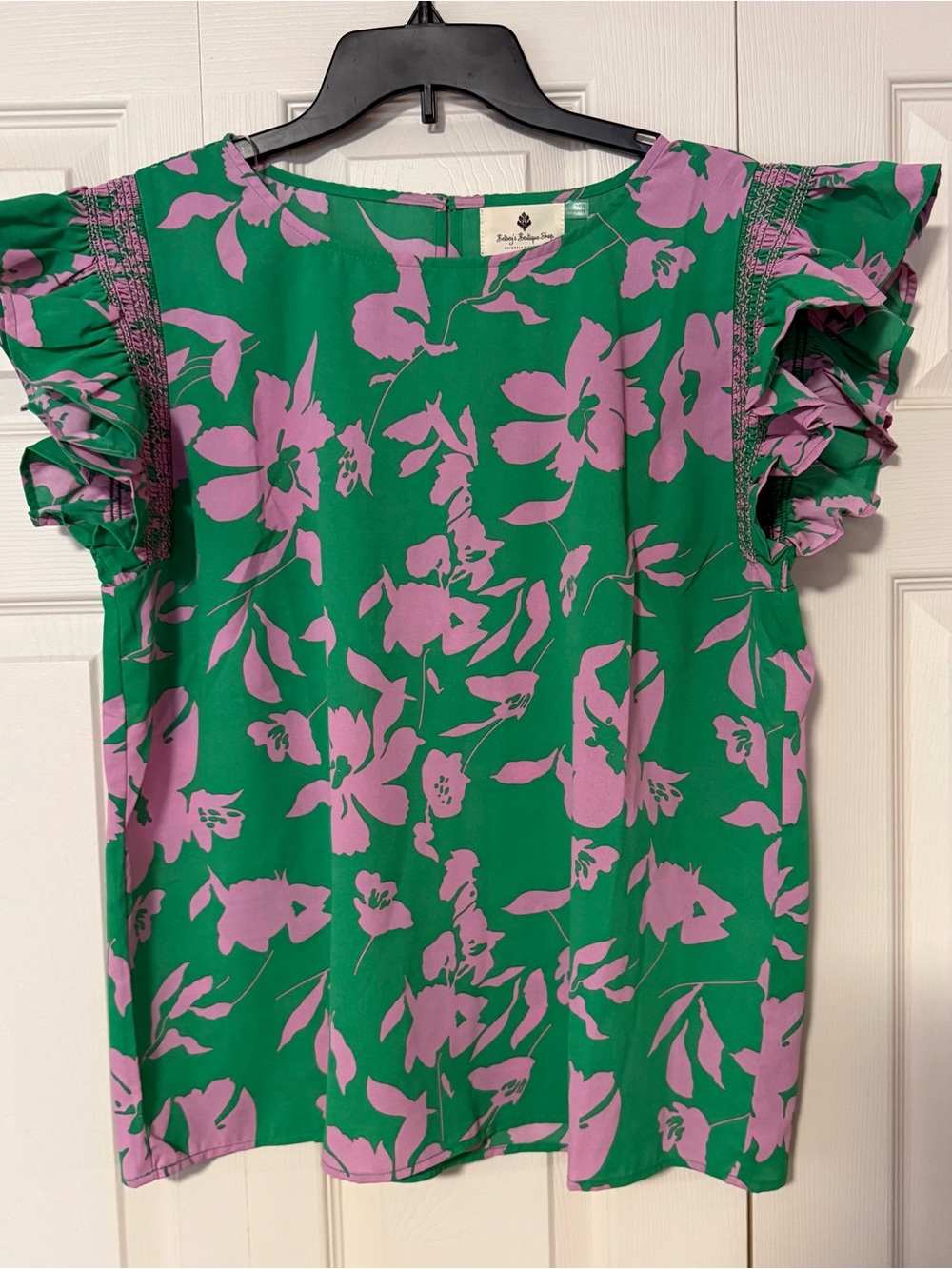 Floral Ruffle Sleeve Blouse - Green/Pink